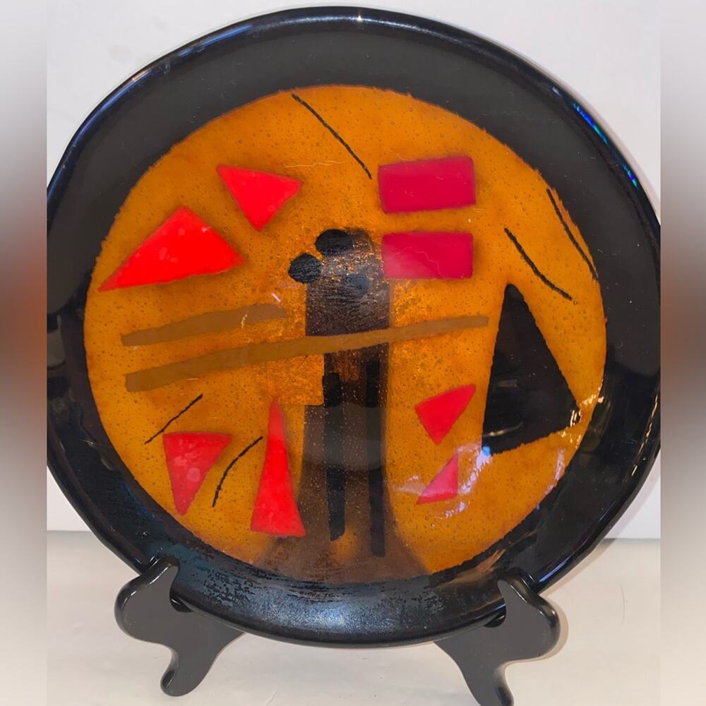 Fused Glass 10” Bowl Gold Red Blk Rim Geometric MCM no chips or cracks